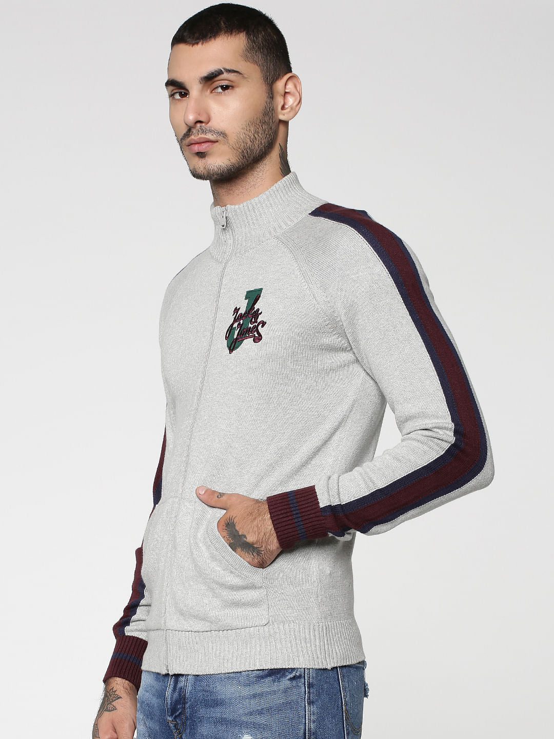 Grey Colourblocked Zip Up Cardigan