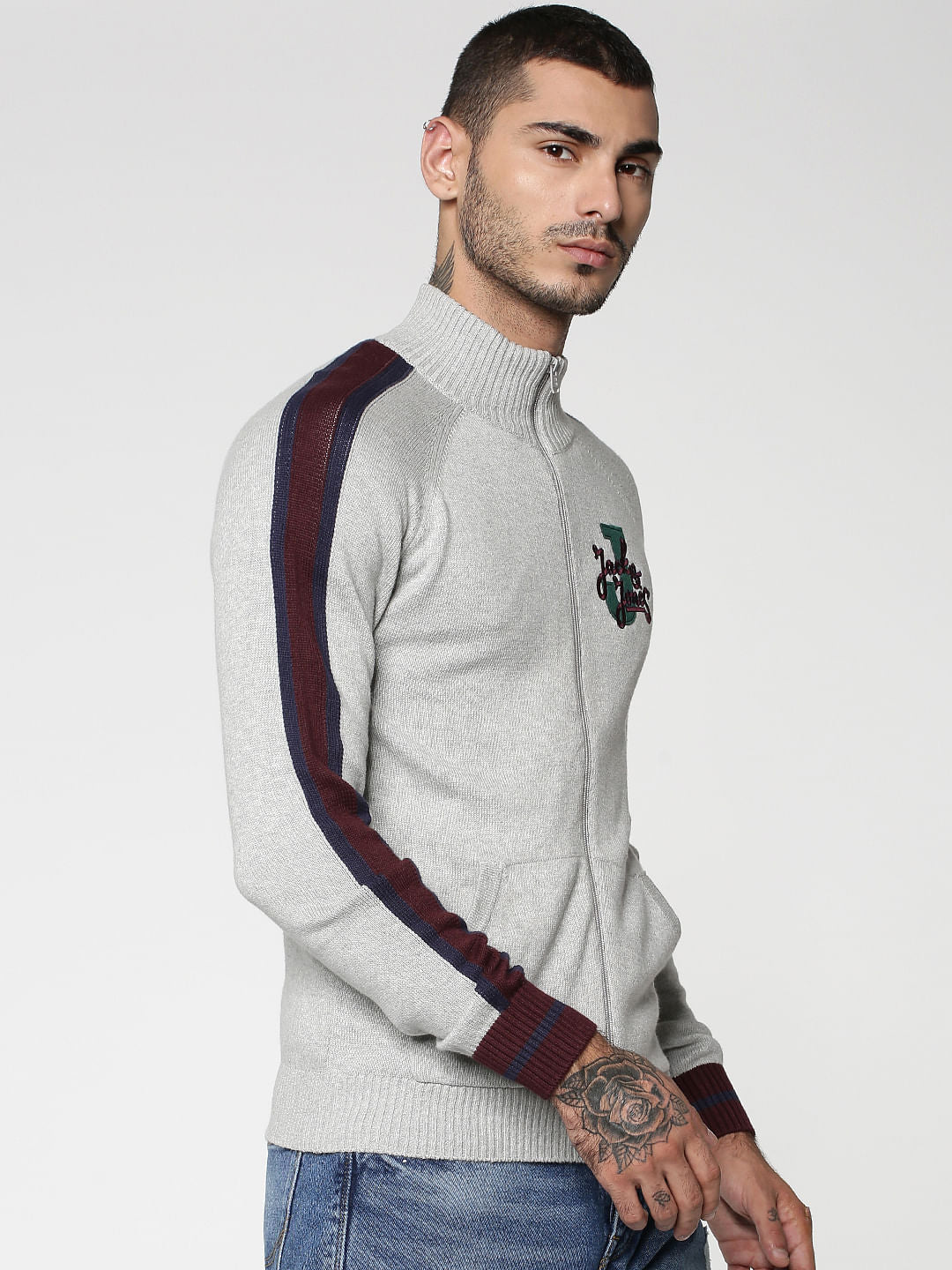 Grey Colourblocked Zip Up Cardigan