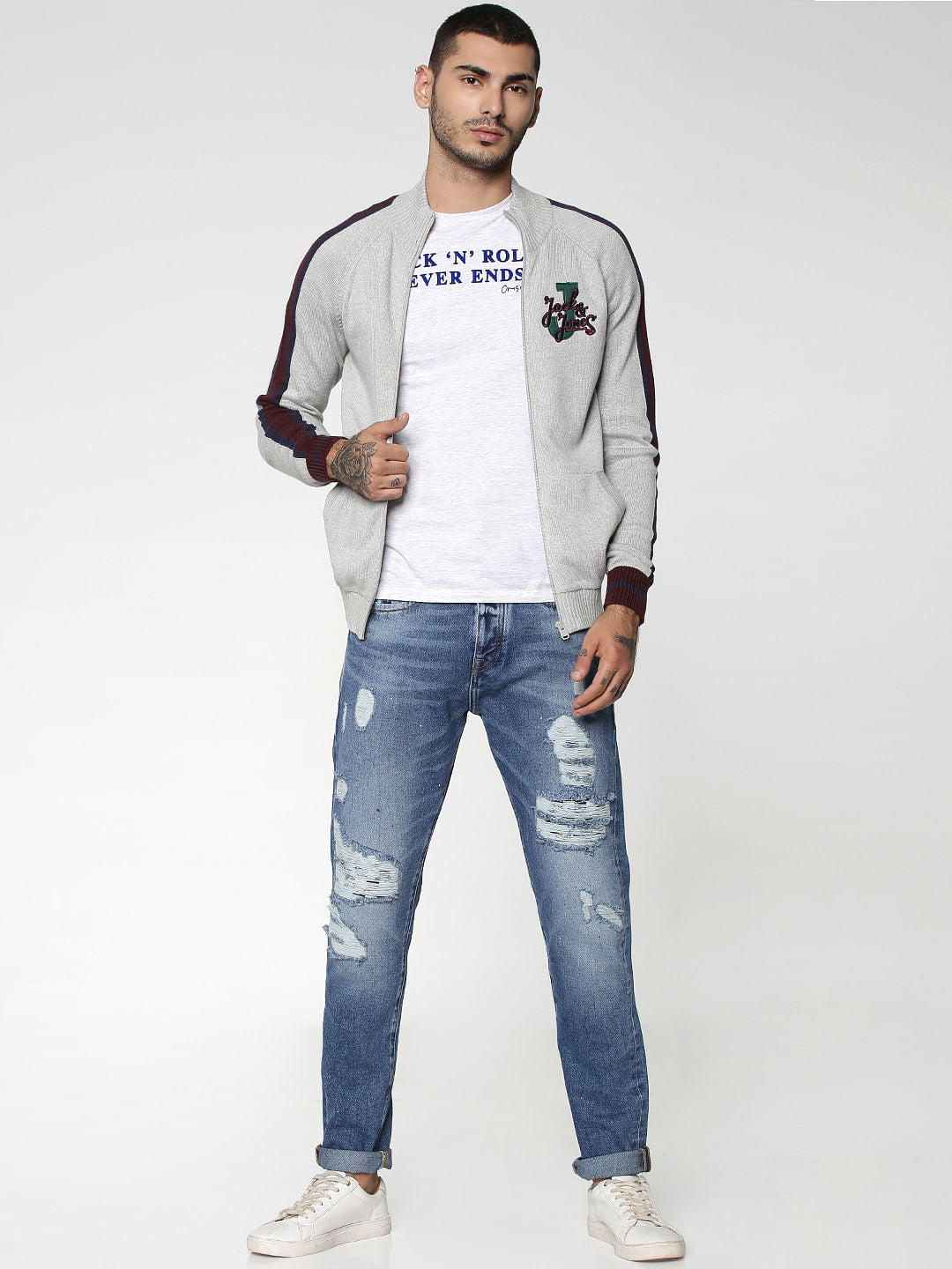 Grey Colourblocked Zip Up Cardigan