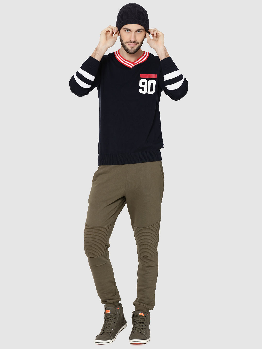Dark Blue Number Print V-Neck Pullover