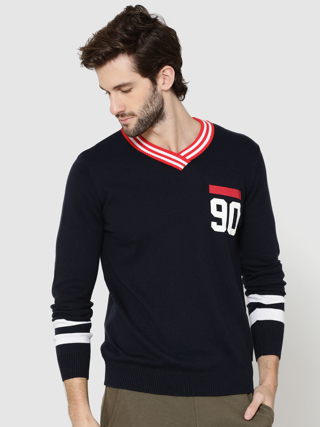 Dark Blue Number Print V-Neck Pullover - S