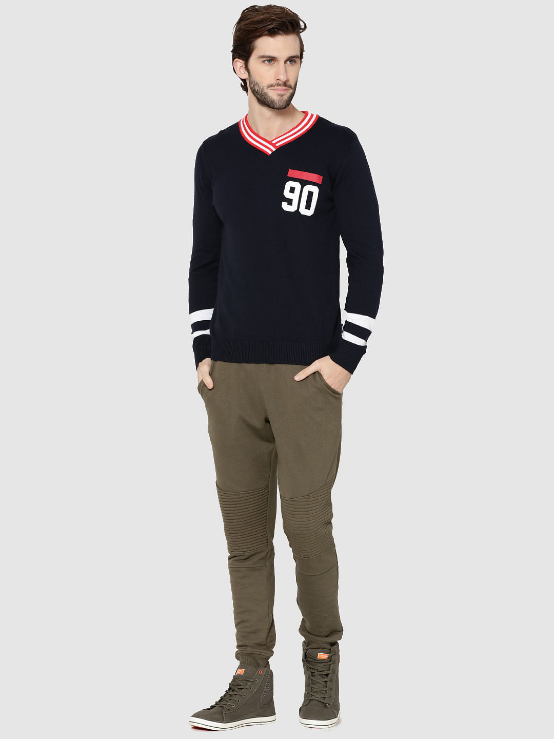 Dark Blue Number Print V-Neck Pullover