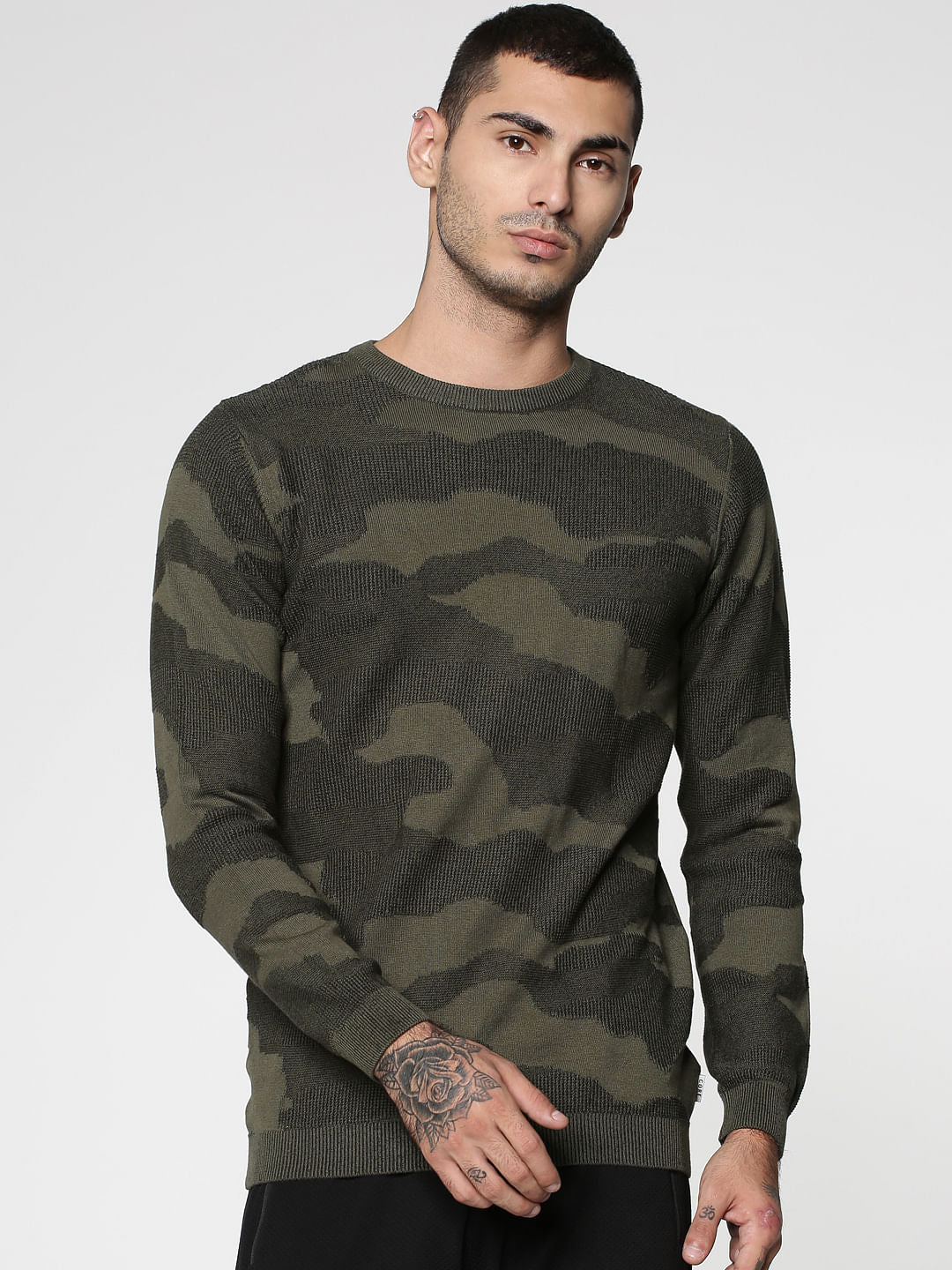 Green Camo Jacquard Slim Fit Sweatshirt - S