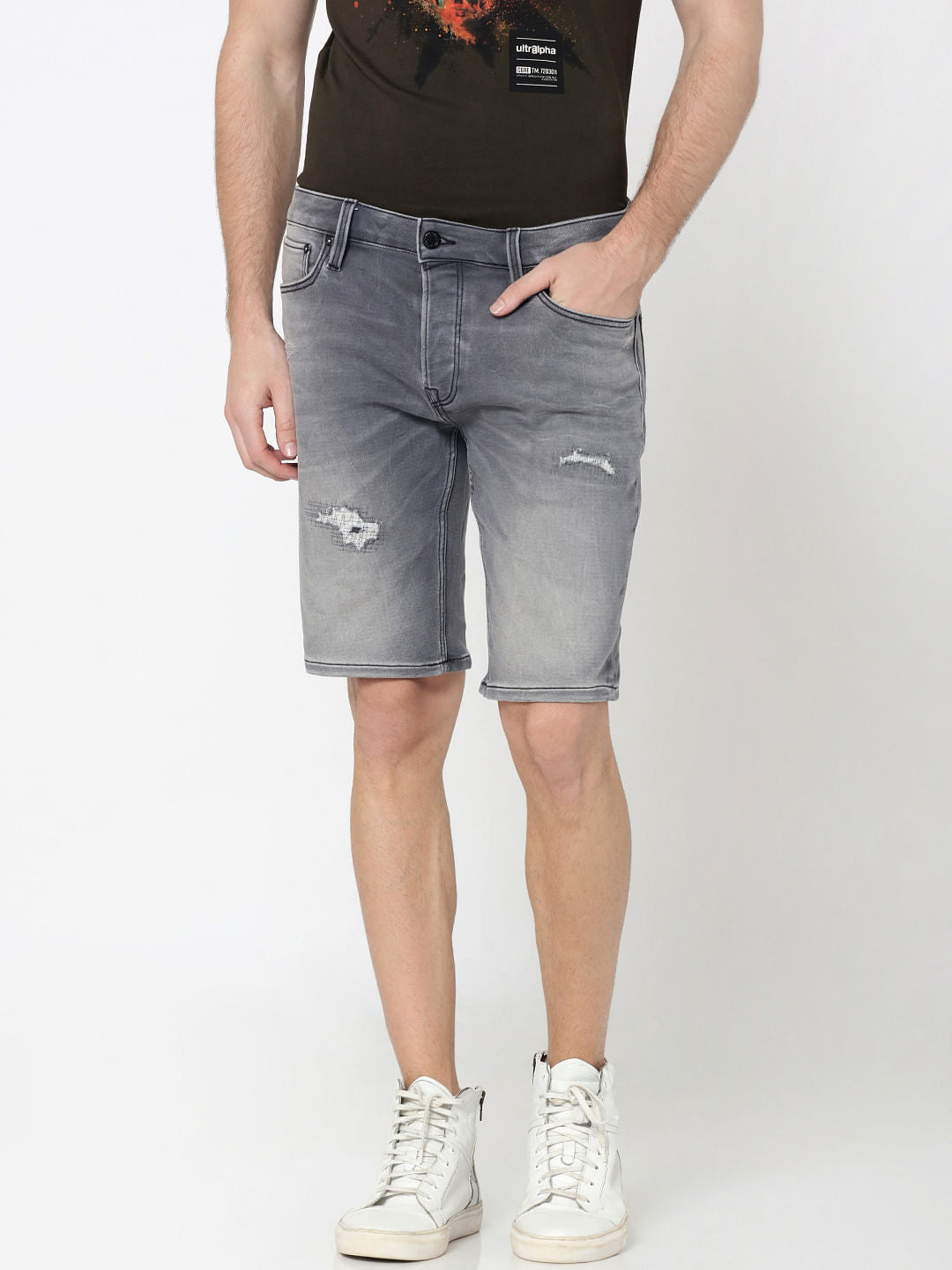 Grey Distressed Denim Shorts - S