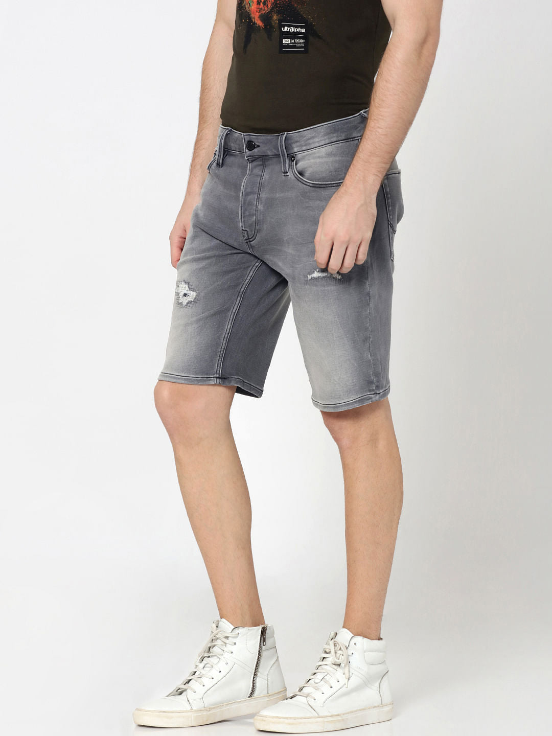 Grey Distressed Denim Shorts