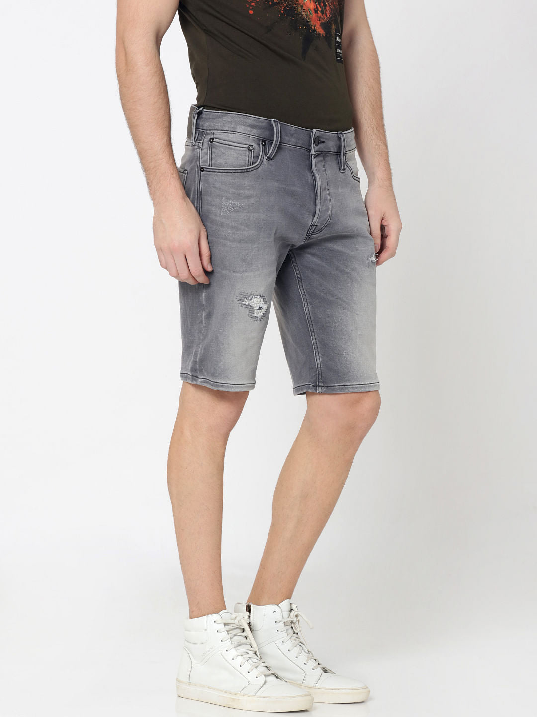 Grey Distressed Denim Shorts