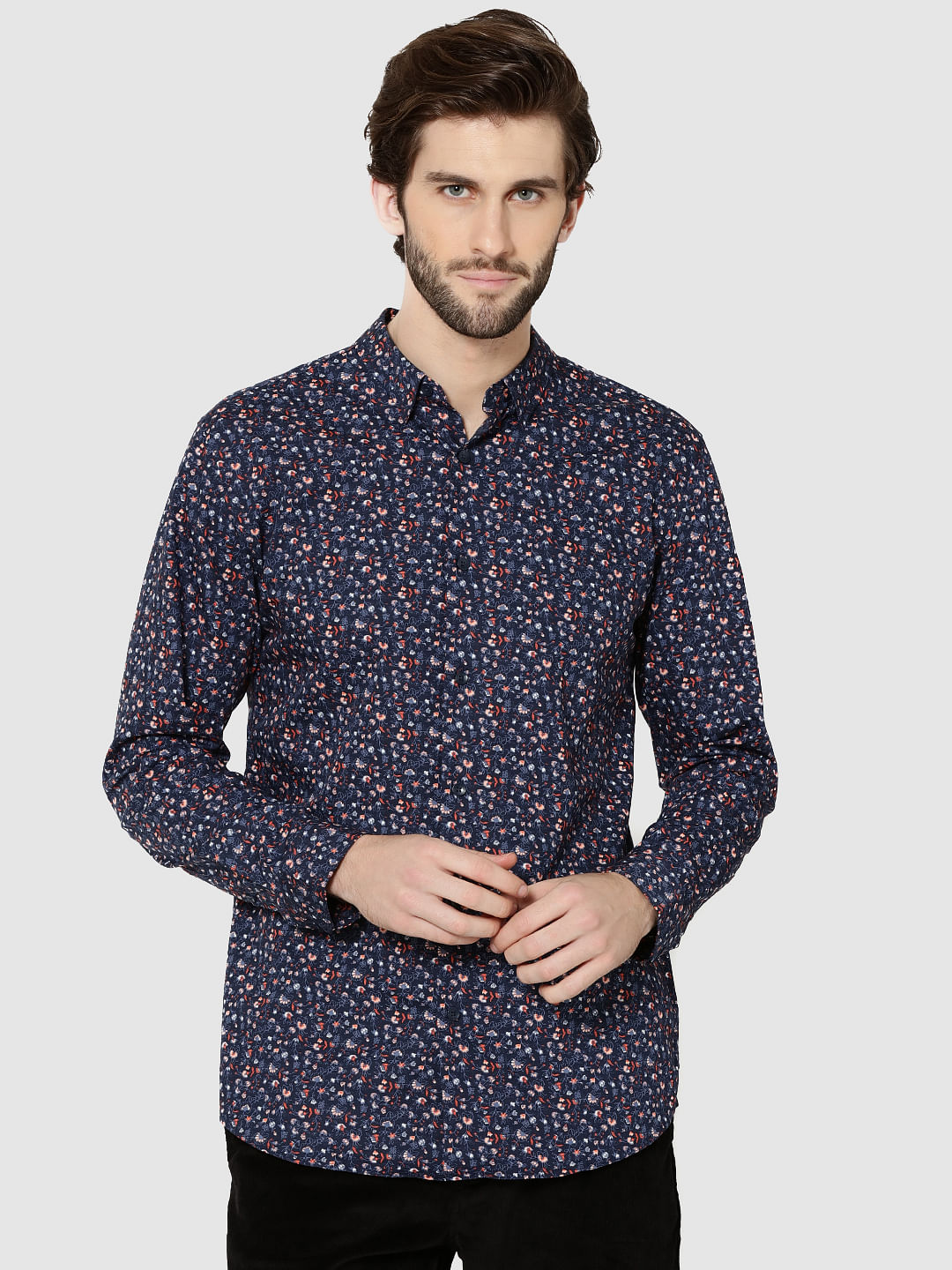 Dark Blue All Over Floral Print Full Sleeves Shirt - S