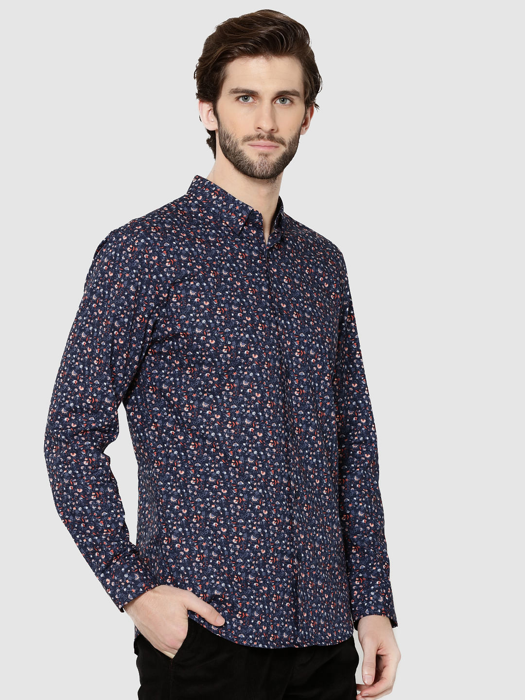 Dark Blue All Over Floral Print Full Sleeves Shirt