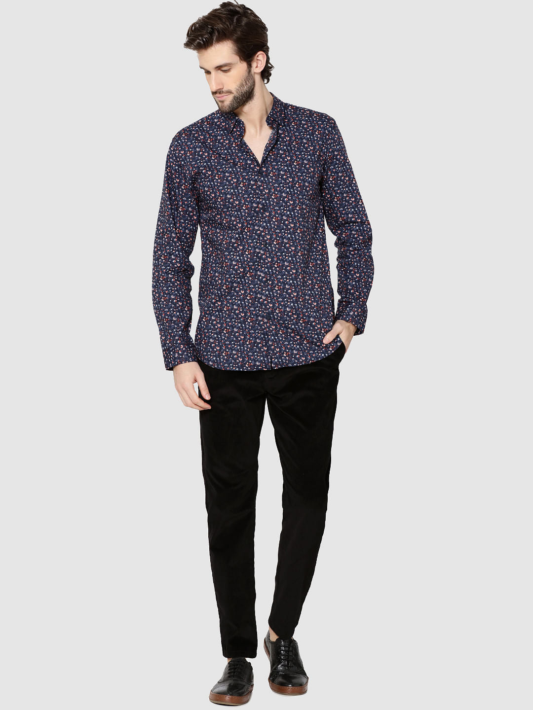 Dark Blue All Over Floral Print Full Sleeves Shirt