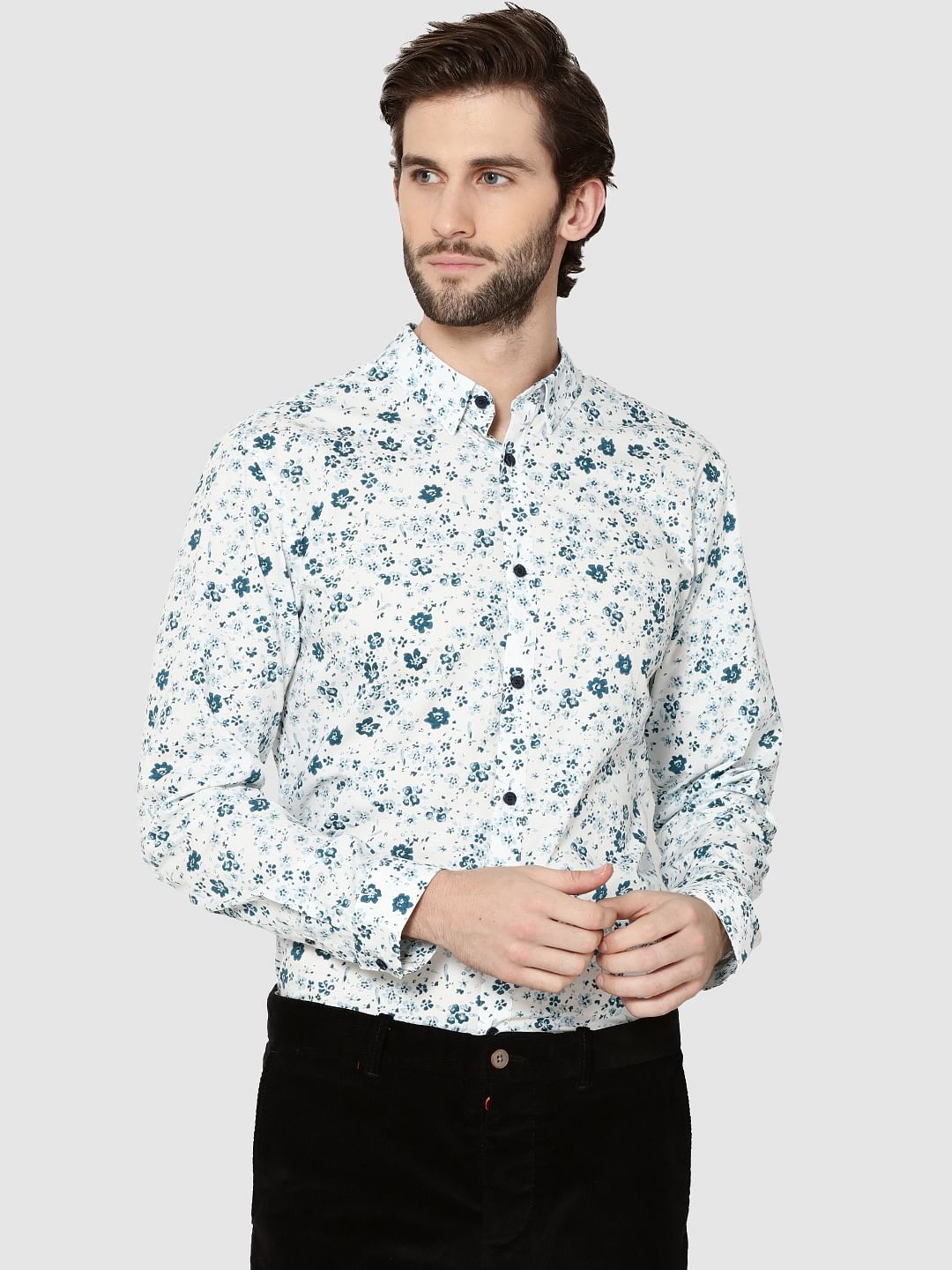 White Floral Print Full Sleeves Shirt