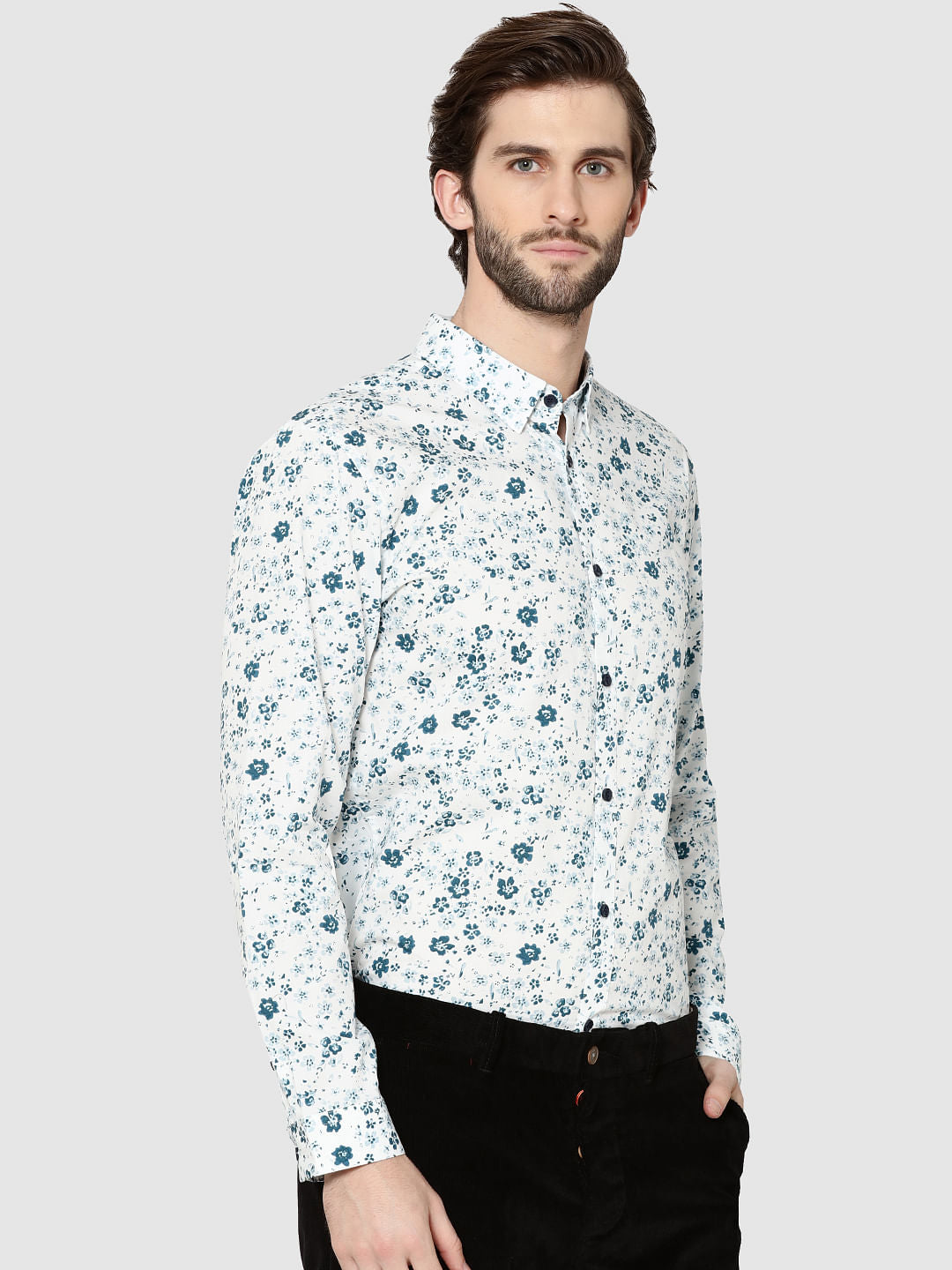 White Floral Print Full Sleeves Shirt