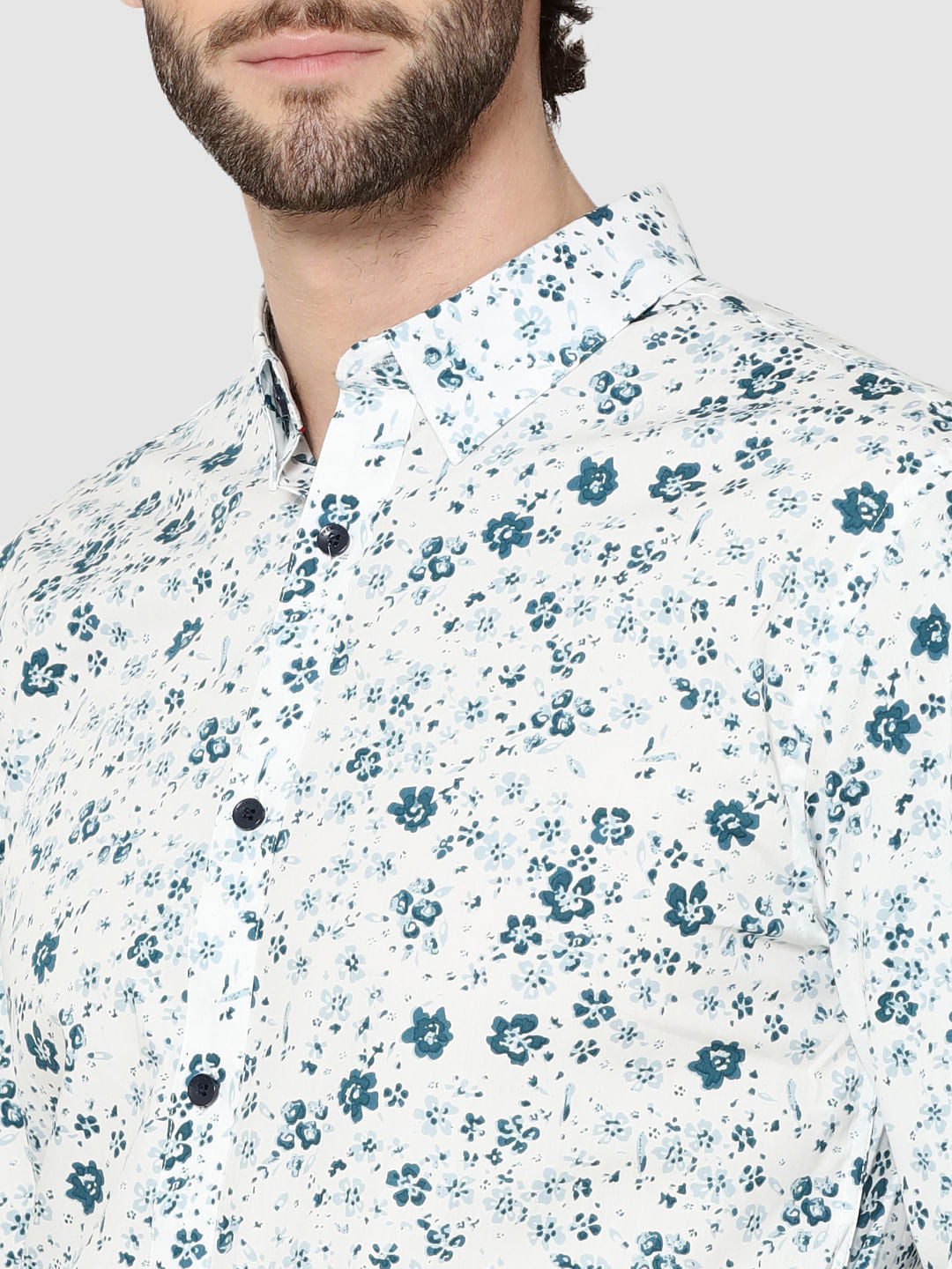 White Floral Print Full Sleeves Shirt