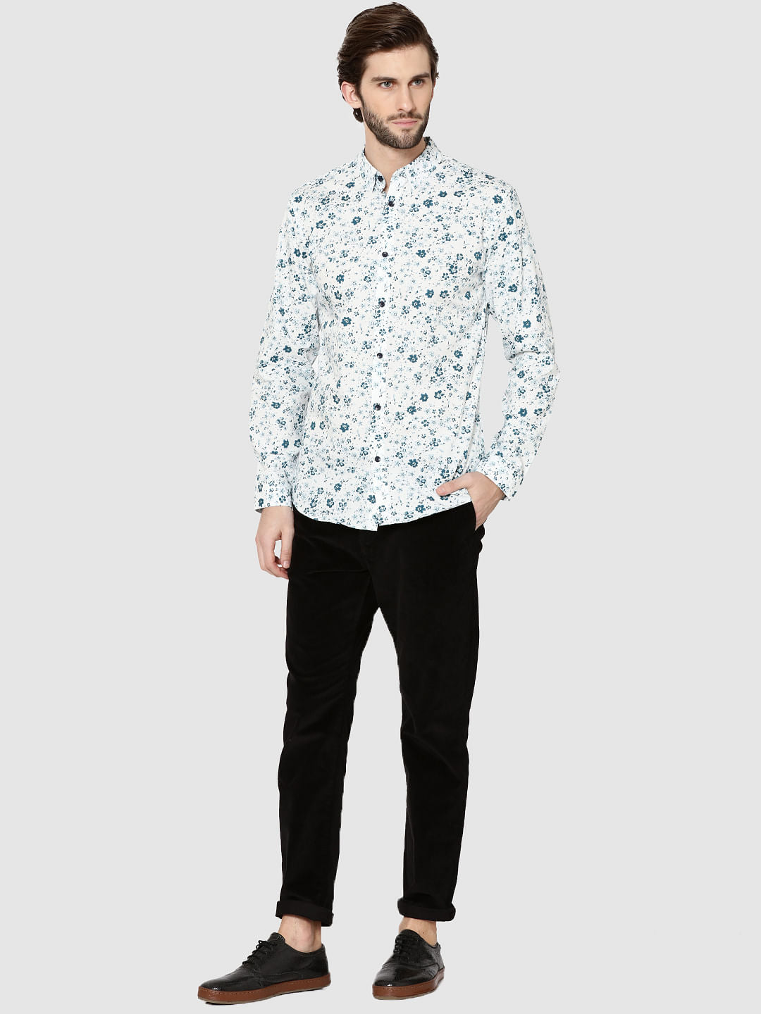 White Floral Print Full Sleeves Shirt