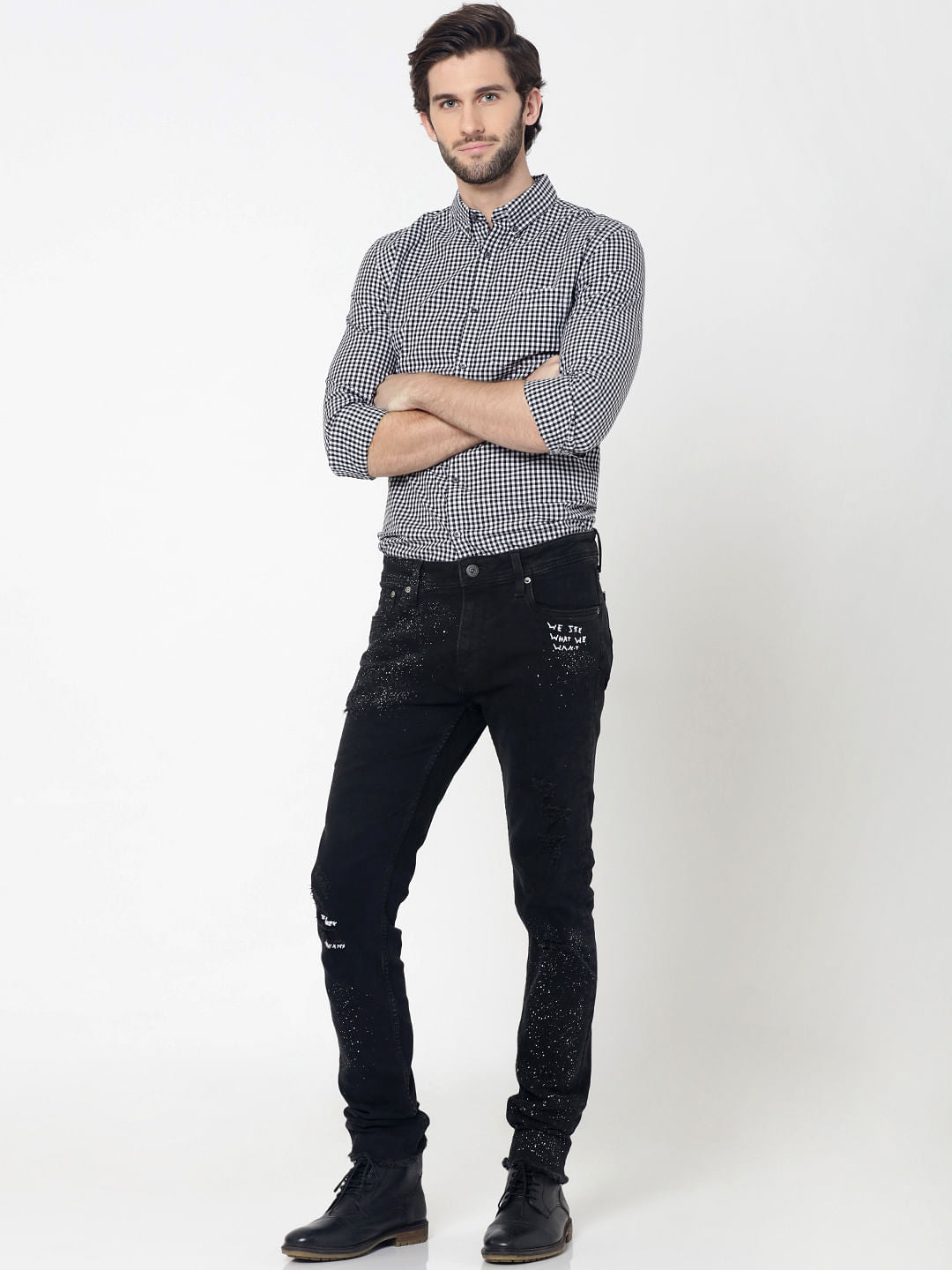 White & Black Full Sleeves Gingham Check Shirt