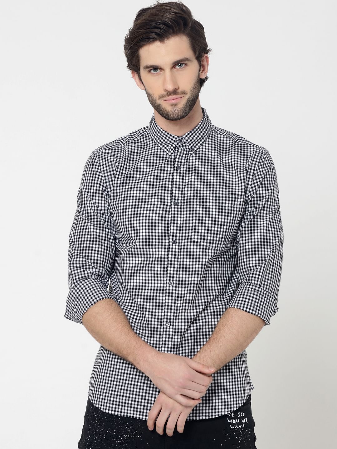 White & Black Full Sleeves Gingham Check Shirt - S