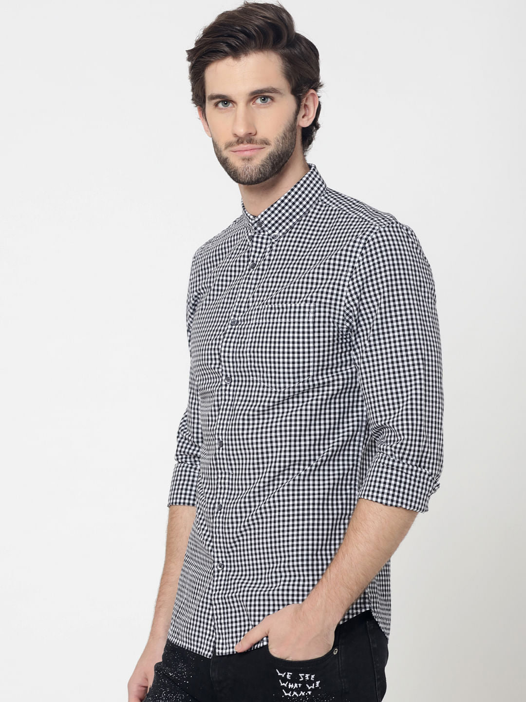 White & Black Full Sleeves Gingham Check Shirt