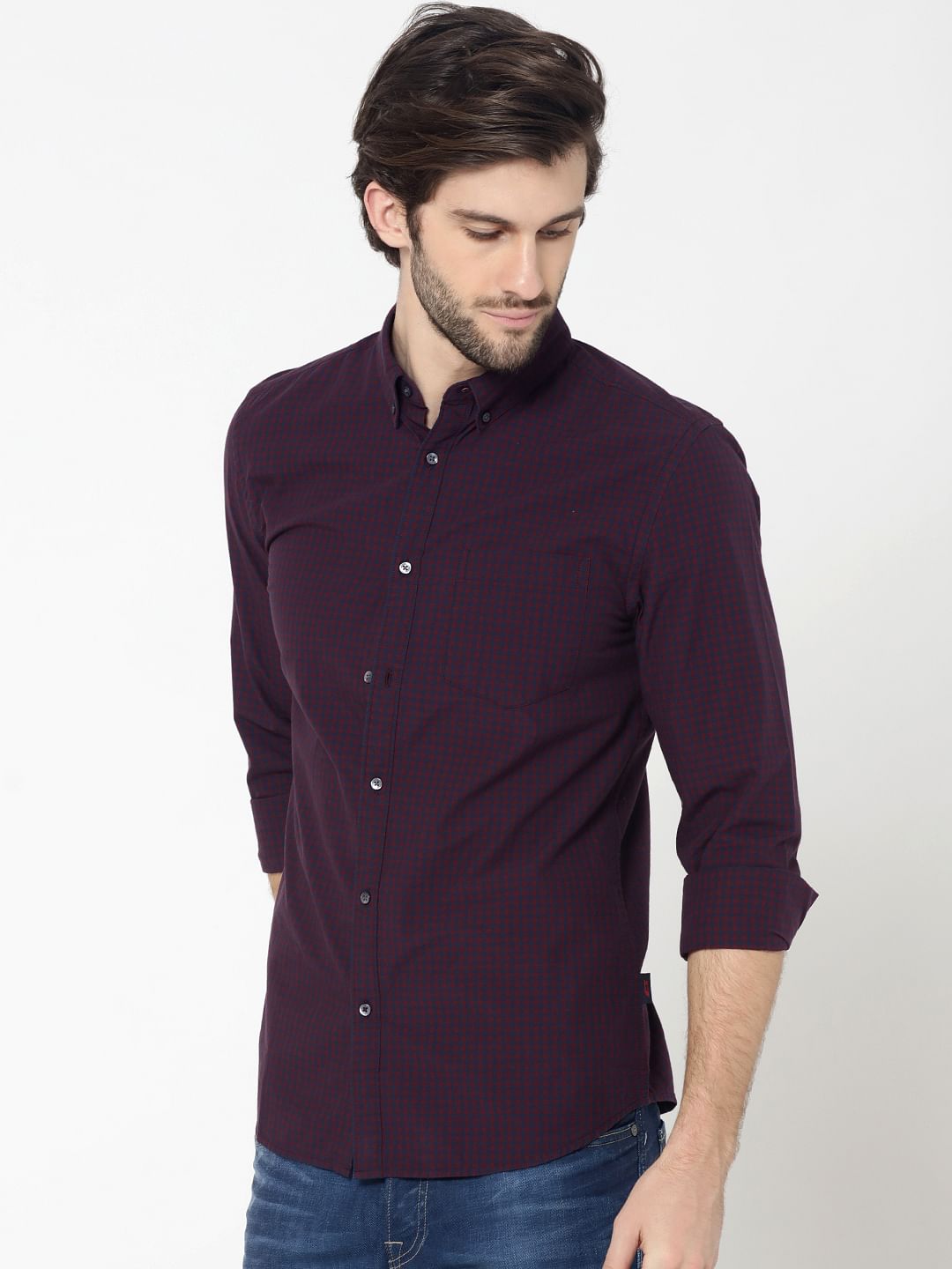 Burgundy Full Sleeves Check Shirt - S