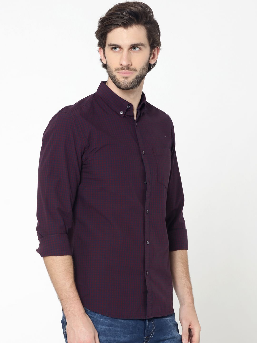 Burgundy Full Sleeves Check Shirt