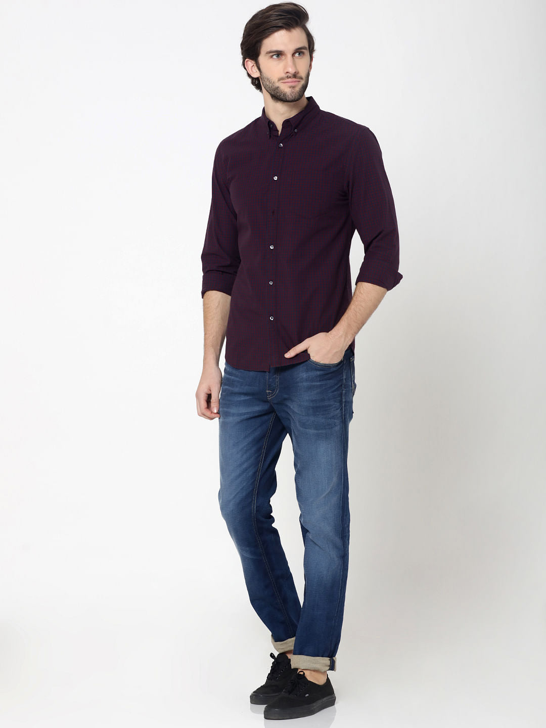 Burgundy Full Sleeves Check Shirt