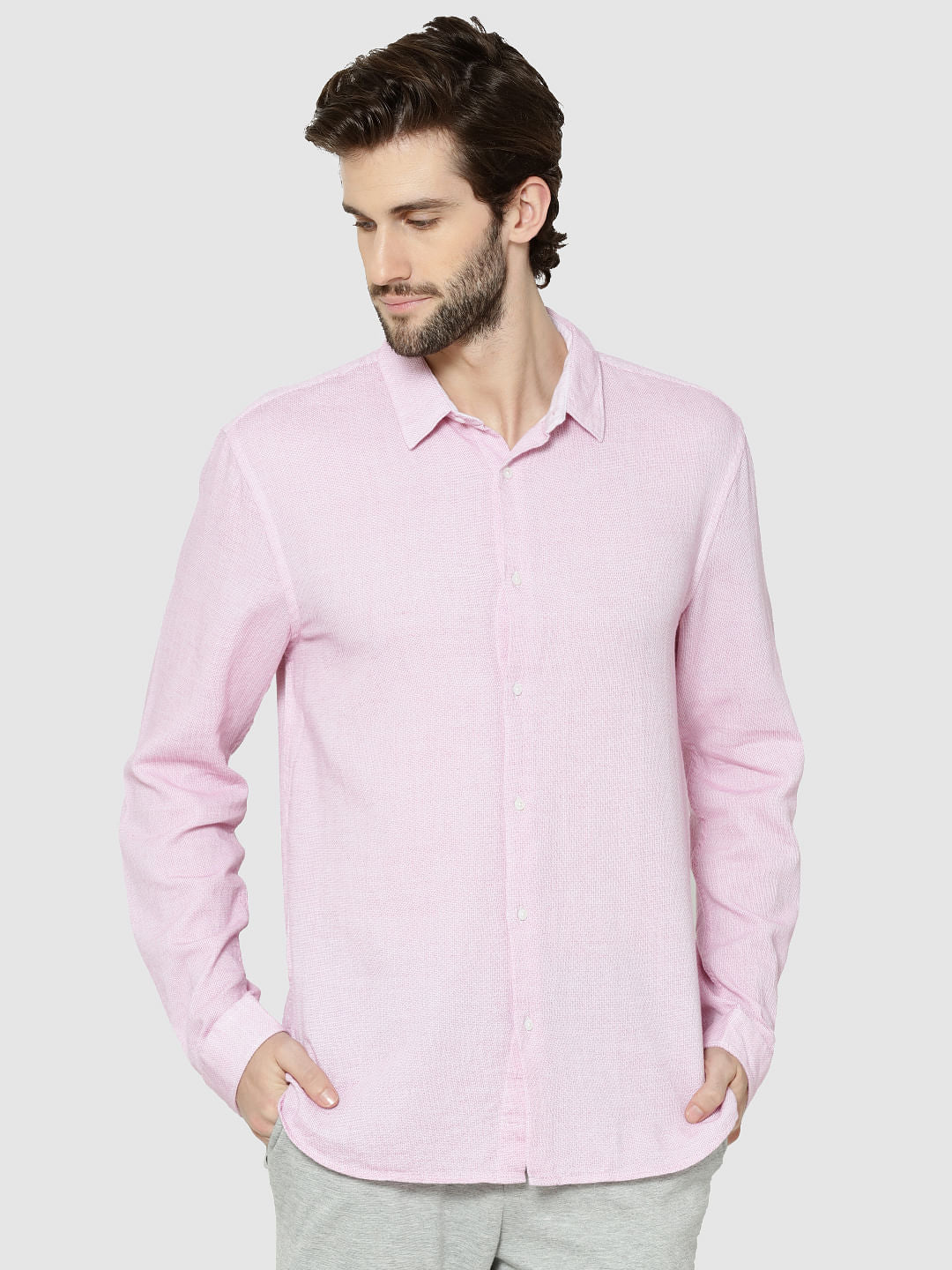 Pink Dobby Full Sleeves Slim Fit Shirt - S