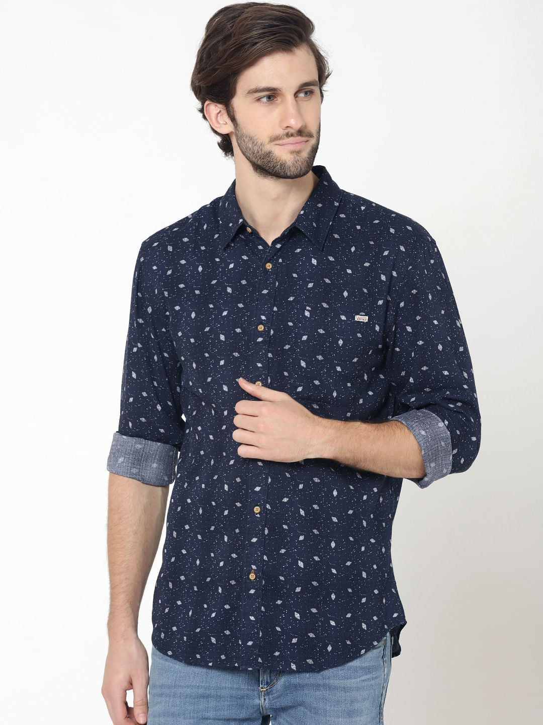 Blue All Over Navajo Print Full Sleeves Dobby Shirt - S