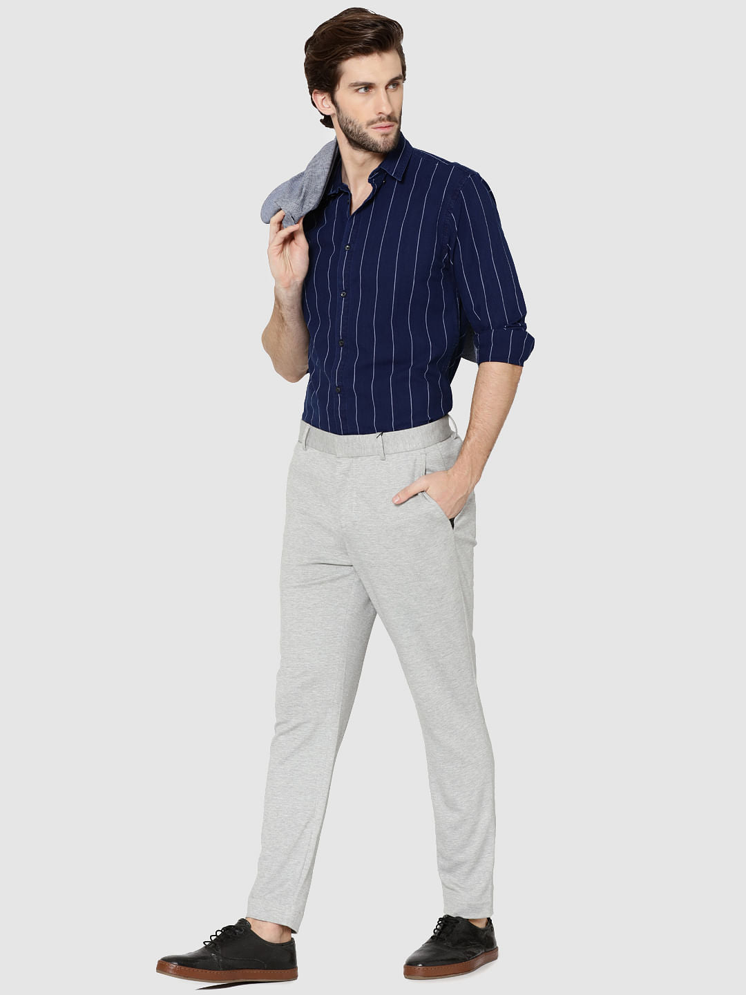 Dark Blue Denim Striped Full Sleeves Slim Fit Shirt