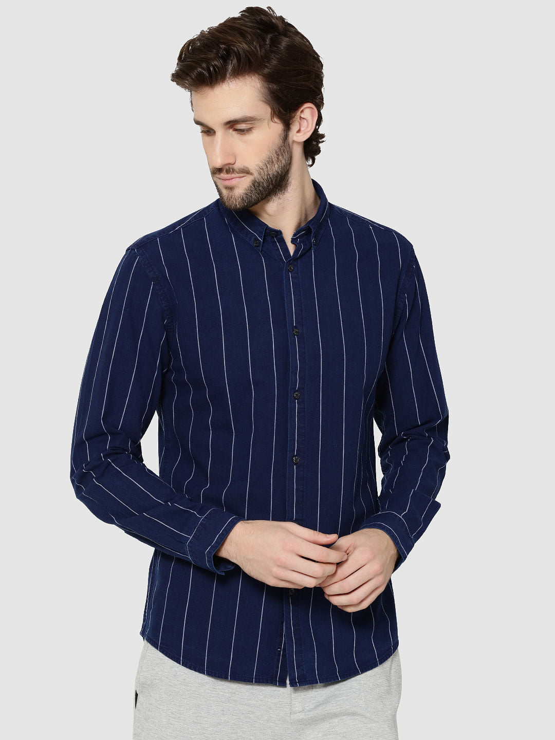 Dark Blue Denim Striped Full Sleeves Slim Fit Shirt - S