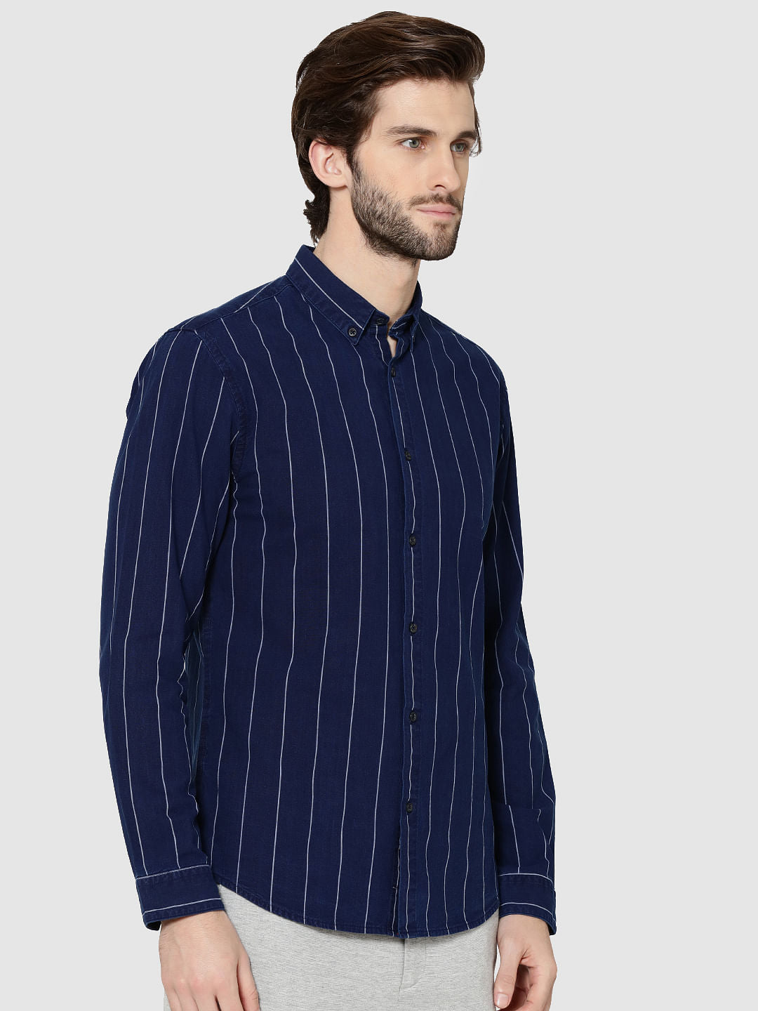 Dark Blue Denim Striped Full Sleeves Slim Fit Shirt