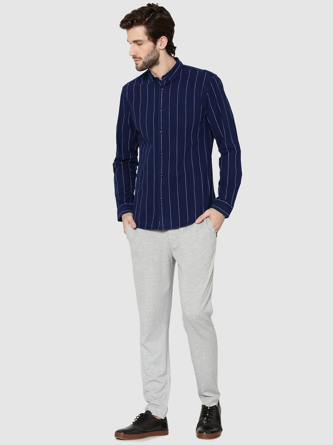 Dark Blue Denim Striped Full Sleeves Slim Fit Shirt