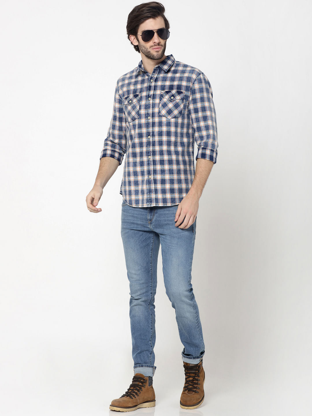 Blue Patch Pockets Check Shirt