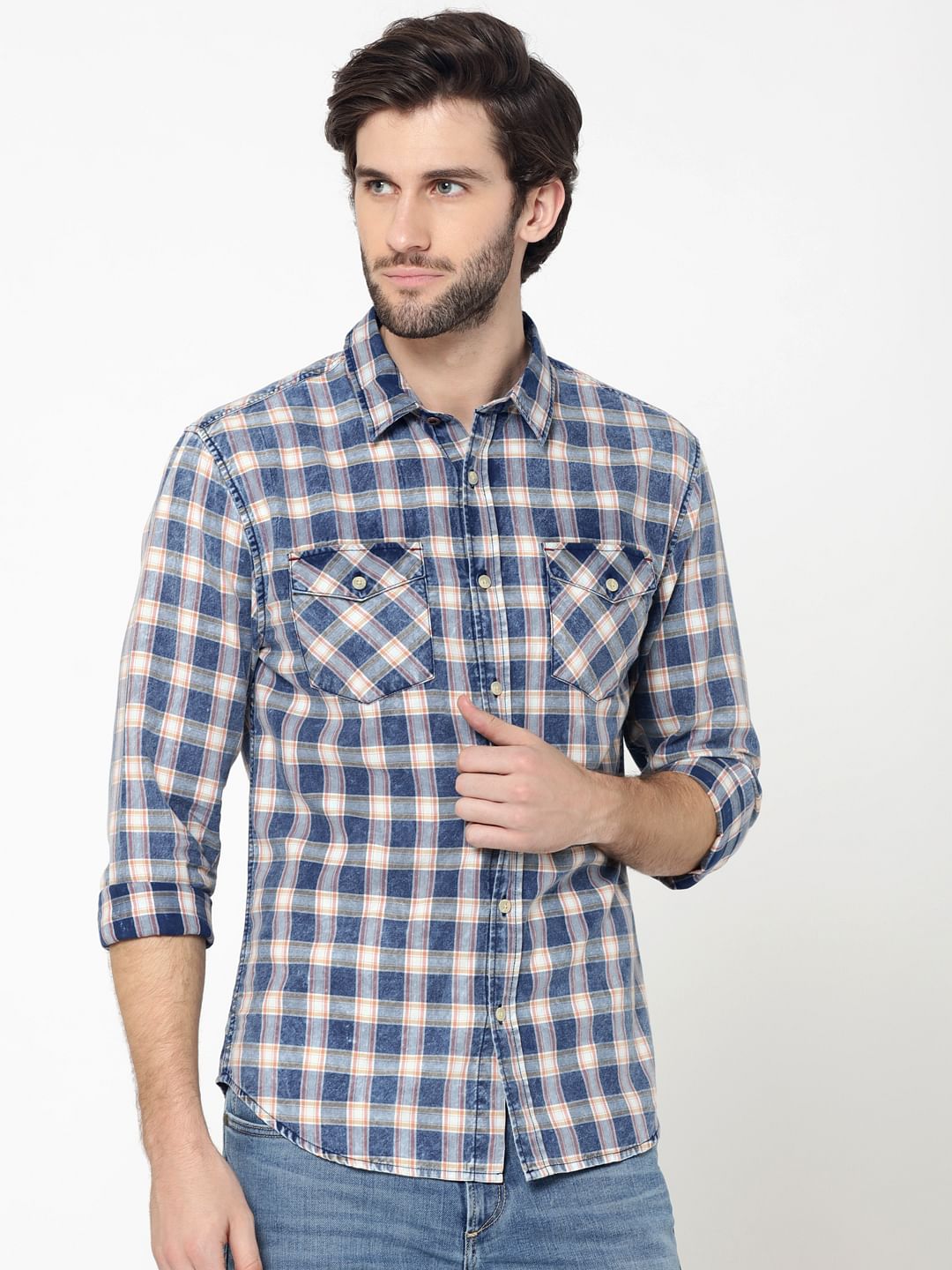 Blue Patch Pockets Check Shirt - S