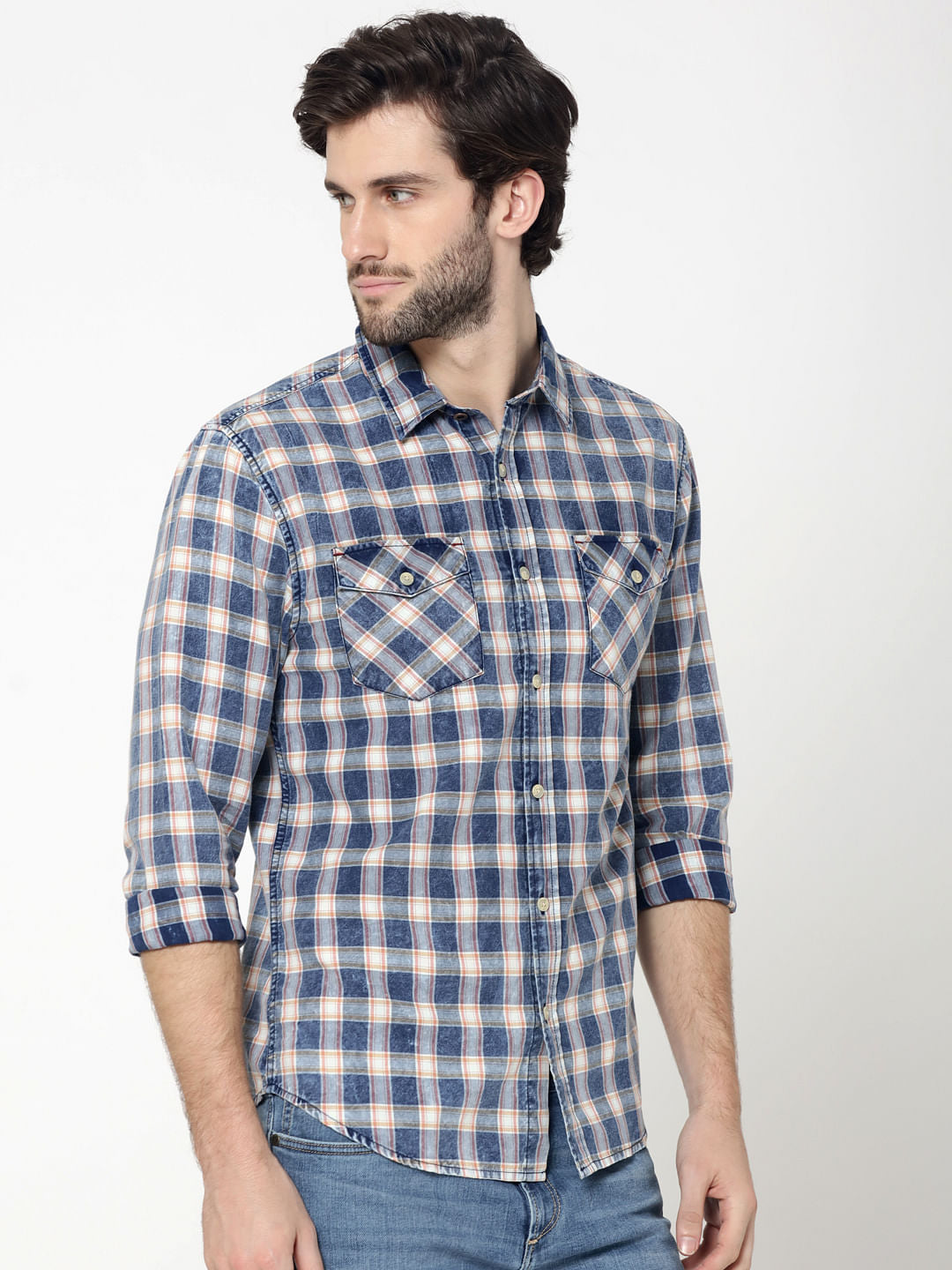 Blue Patch Pockets Check Shirt