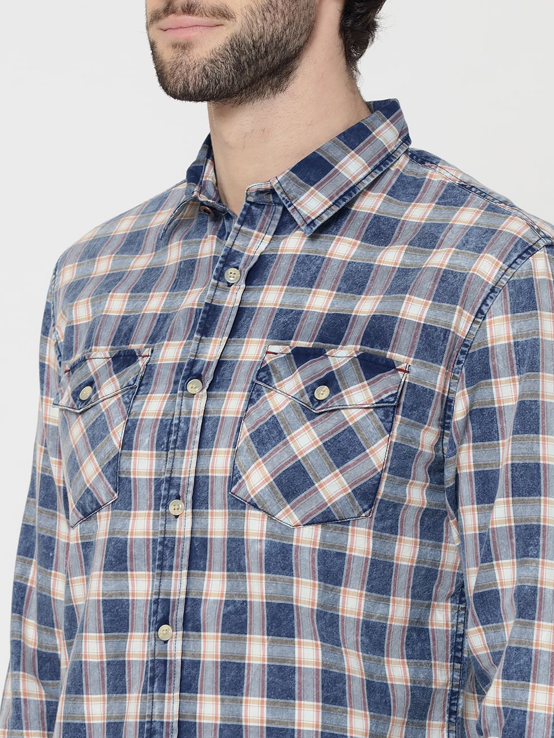 Blue Patch Pockets Check Shirt