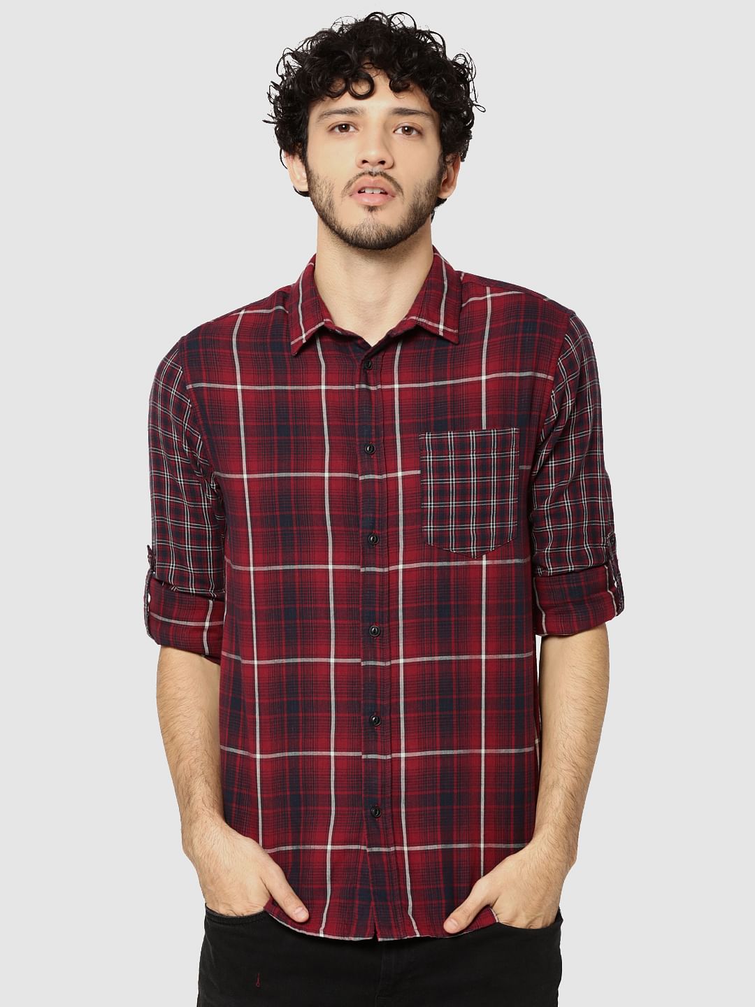 Red Check Full Sleeves Patch Pocket Slim Fit Shirt