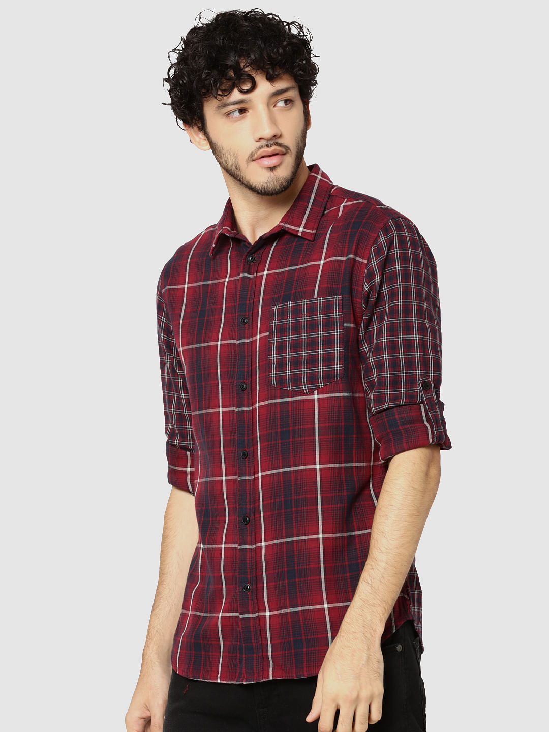 Red Check Full Sleeves Patch Pocket Slim Fit Shirt