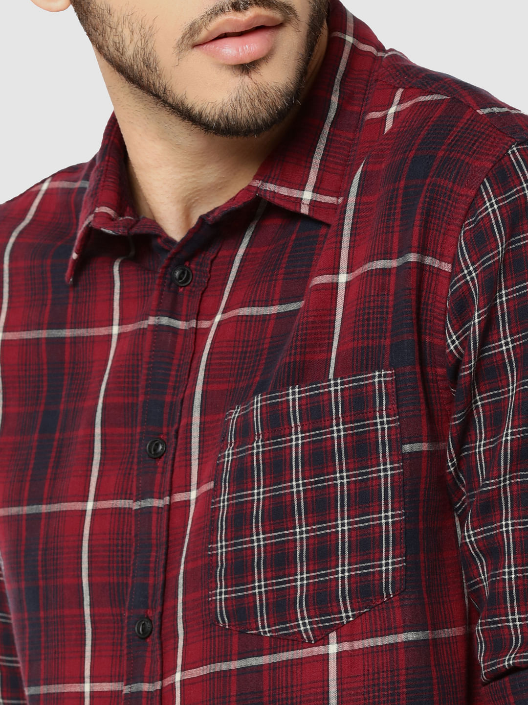 Red Check Full Sleeves Patch Pocket Slim Fit Shirt