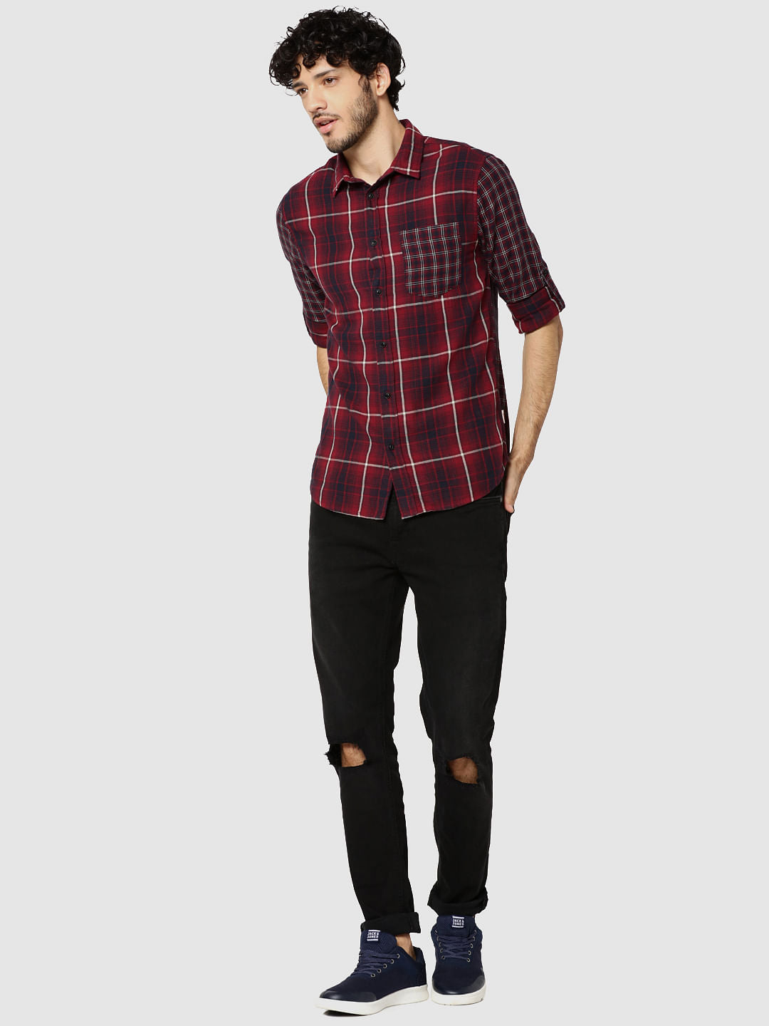 Red Check Full Sleeves Patch Pocket Slim Fit Shirt
