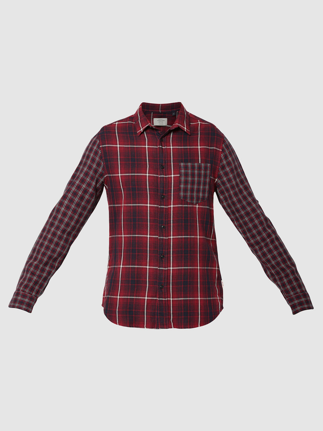 Red Check Full Sleeves Patch Pocket Slim Fit Shirt