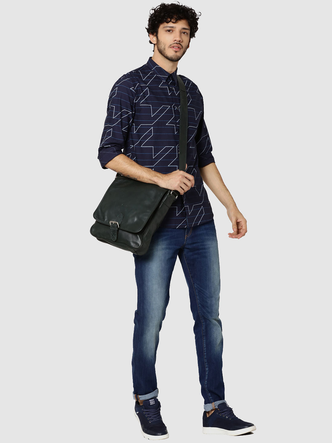 Dark Blue Striped & Geometric Print Full Sleeves Shirt