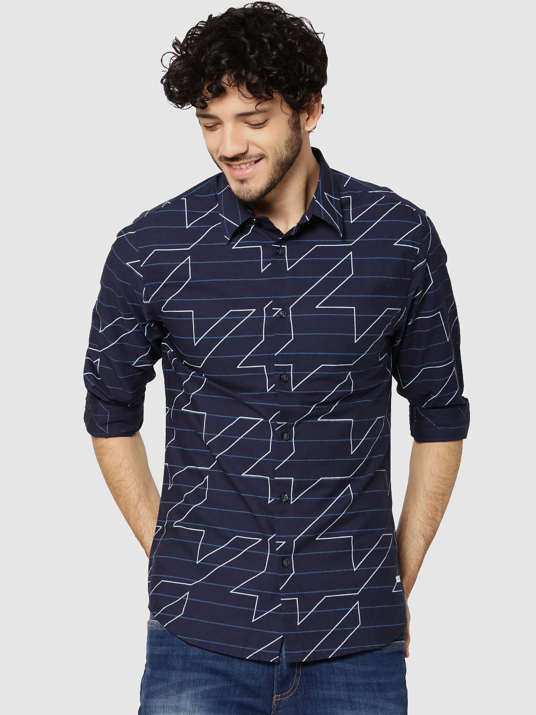Dark Blue Striped & Geometric Print Full Sleeves Shirt - S