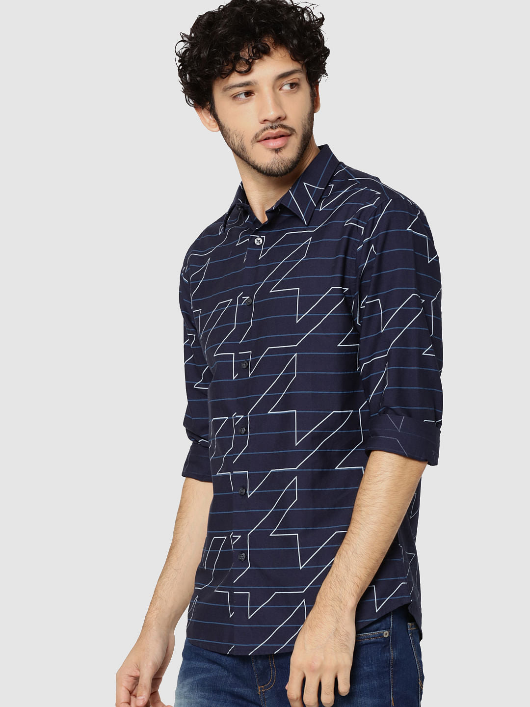 Dark Blue Striped & Geometric Print Full Sleeves Shirt