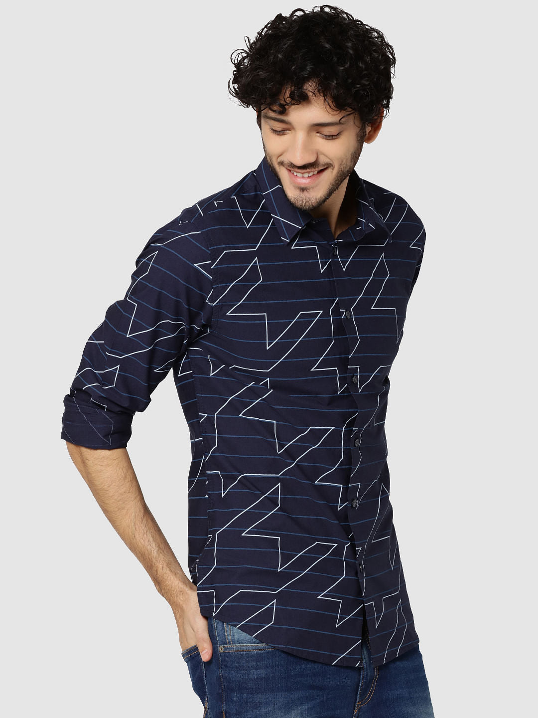 Dark Blue Striped & Geometric Print Full Sleeves Shirt