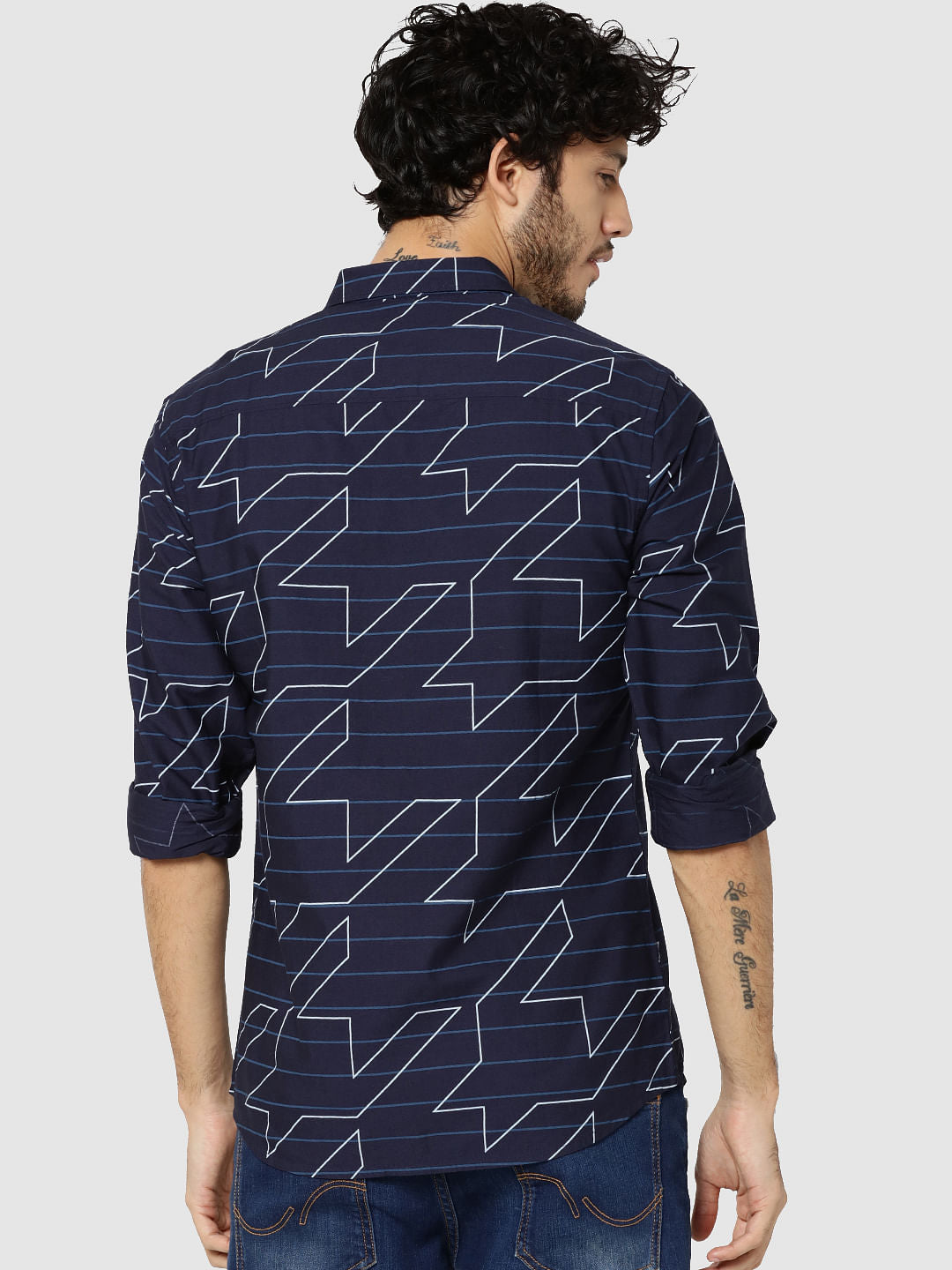 Dark Blue Striped & Geometric Print Full Sleeves Shirt