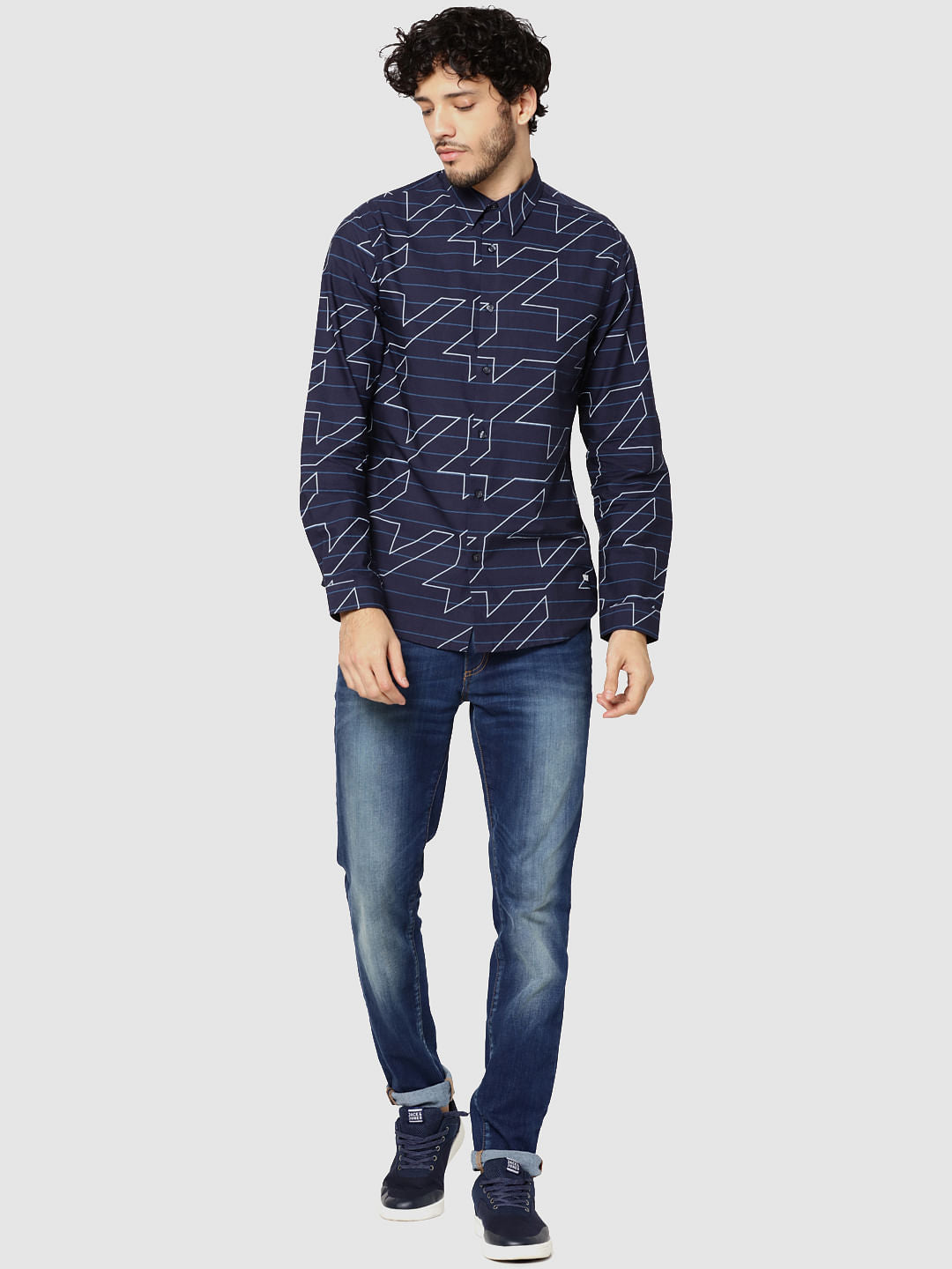 Dark Blue Striped & Geometric Print Full Sleeves Shirt