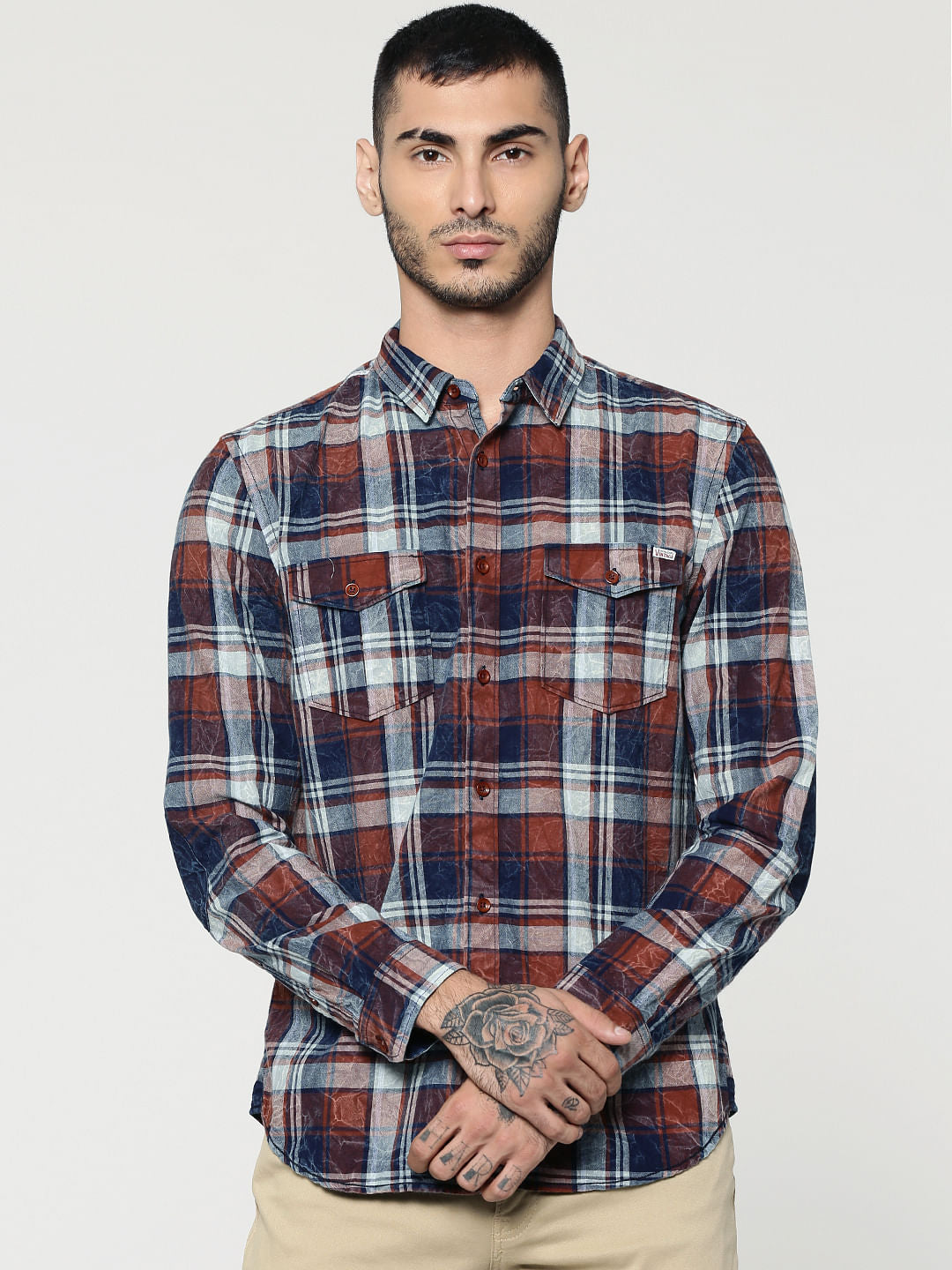 Red Check Elbow Patch Full Sleeves Shirt
