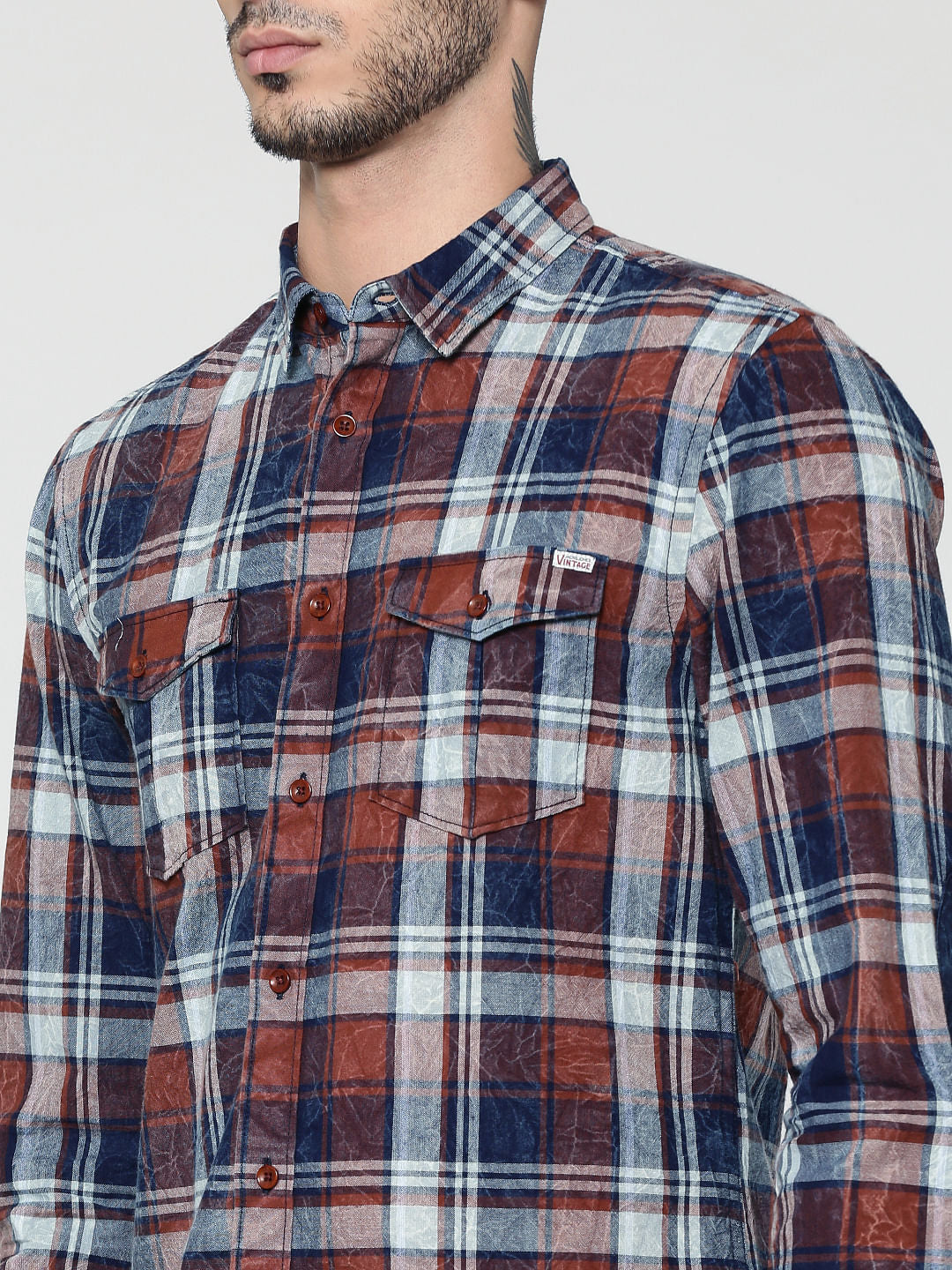 Red Check Elbow Patch Full Sleeves Shirt