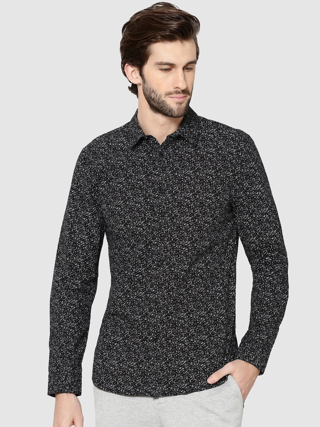 Black All Over Print Full Sleeves Slim Fit Shirt - S