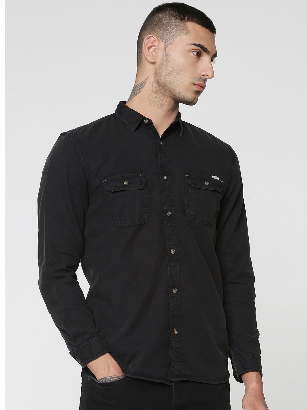 Black Two Patch Flap Pocket Full Sleeves Slim Fit Shirt - S