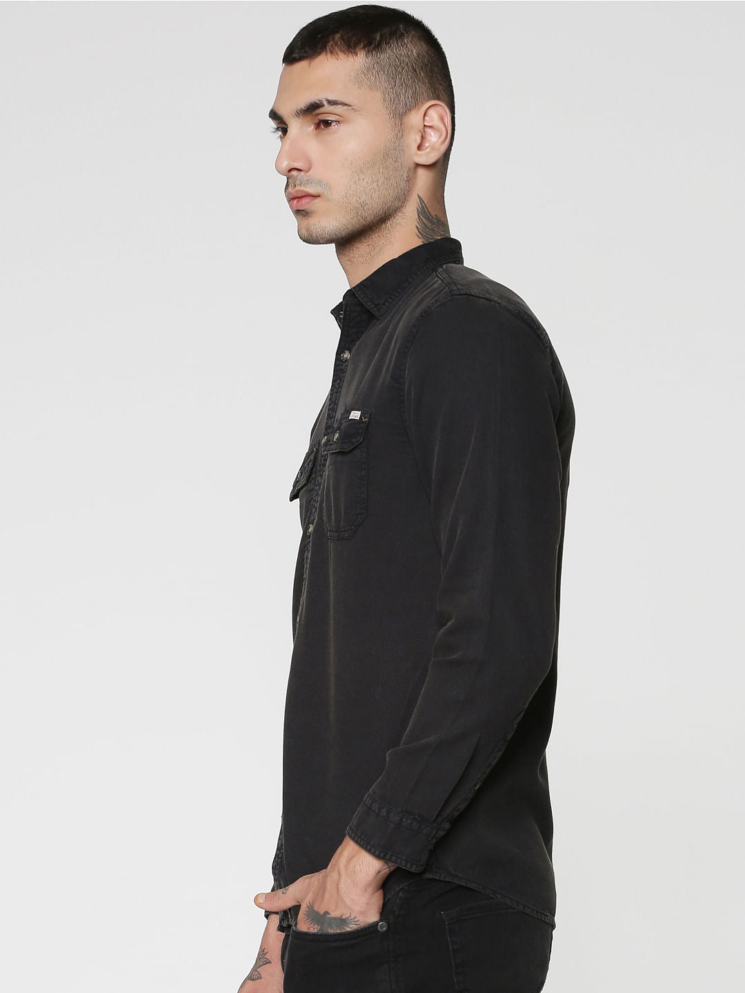 Black Two Patch Flap Pocket Full Sleeves Slim Fit Shirt
