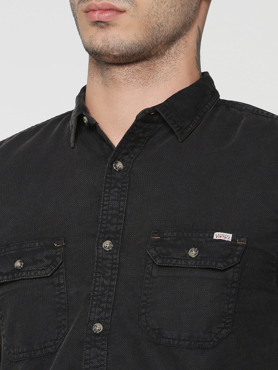 Black Two Patch Flap Pocket Full Sleeves Slim Fit Shirt